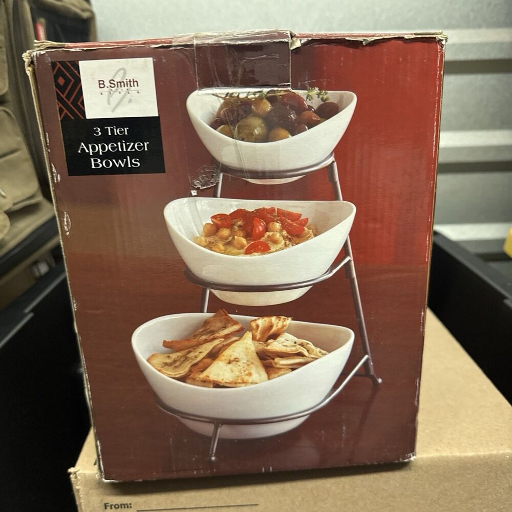 B. SMITH 3-Tier Appetizer Porcelain Bowls and Rack - NIB